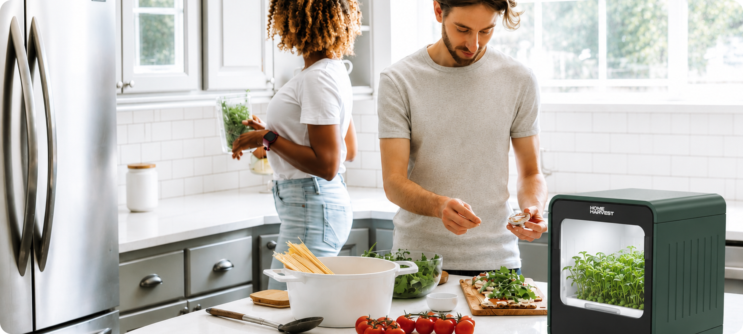 Couple cooking in kitchen next to their HomeHarvest unit