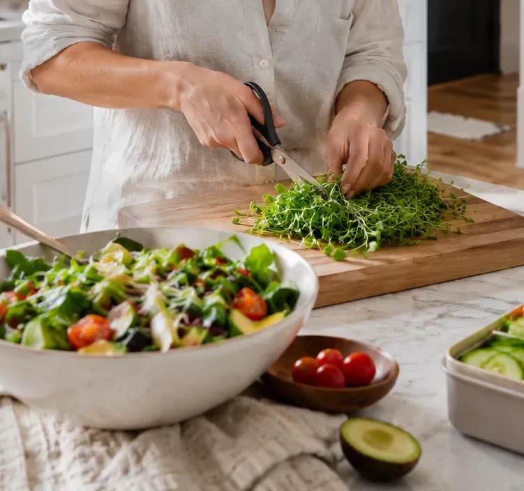 Fresh home-grown greens prepared in the kitchen
